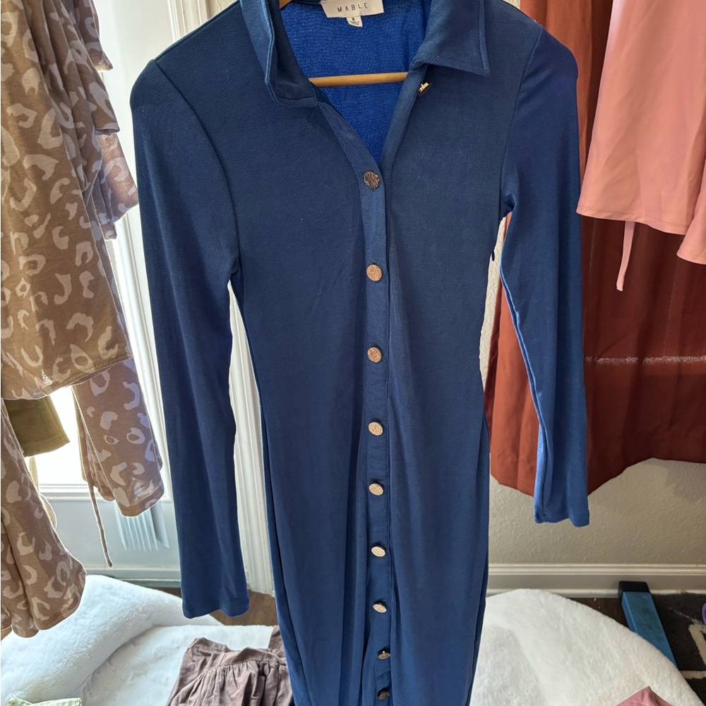 Vince Blue Ribbed Long Sleeve Shirt Dress